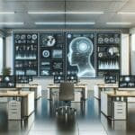 Oficinas modernas con pantallas mostrando datos de inteligencia artificial en tiempo real