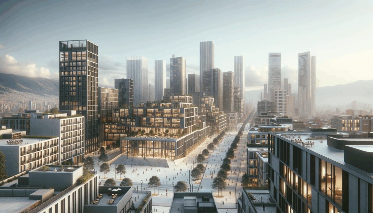 Vista panorámica de Bogotá con edificios modernos y espacios de coworking