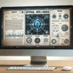 Pantalla de ordenador con gráficos de inteligencia artificial y documentos de patentes.