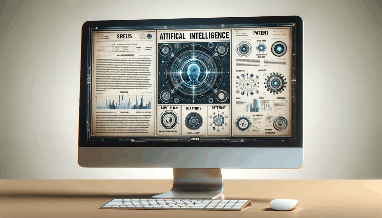 Pantalla de ordenador con gráficos de inteligencia artificial y documentos de patentes.