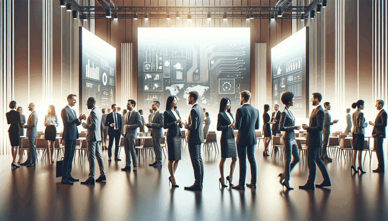 Empresarios interactuando en un moderno evento tecnológico con pantallas digitales de fondo