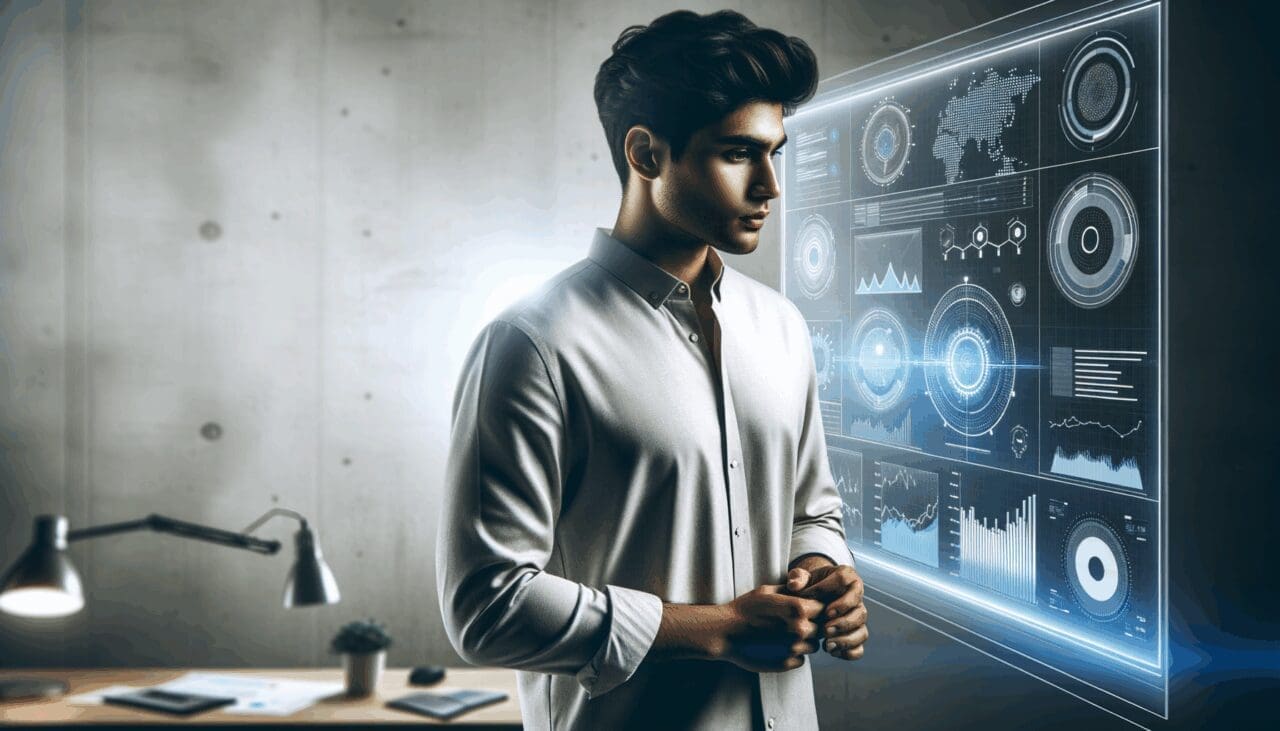 Retrato de un joven emprendedor frente a una pantalla con gráficos tecnológicos