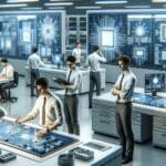 Grupo de ingenieros trabajando en un laboratorio de tecnología de procesadores