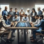 Grupo de emprendedores y mentores en una sala moderna frente a una pantalla interactiva