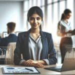 Joven emprendedora trabajando en un espacio de coworking moderno con computadoras y gráficos financieros