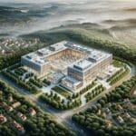 Vista aérea de un centro de innovación tecnológica rodeado de naturaleza