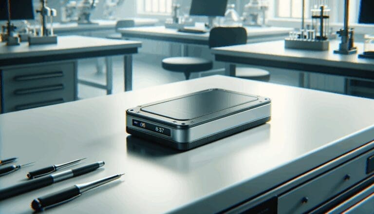 Primer plano de un dispositivo tecnológico sobre una mesa blanca de laboratorio