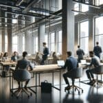 Espacio de coworking moderno con emprendedores reunidos en mesas compartidas