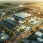 Vista aérea de un centro cultural moderno rodeado de naturaleza en una ciudad pequeña