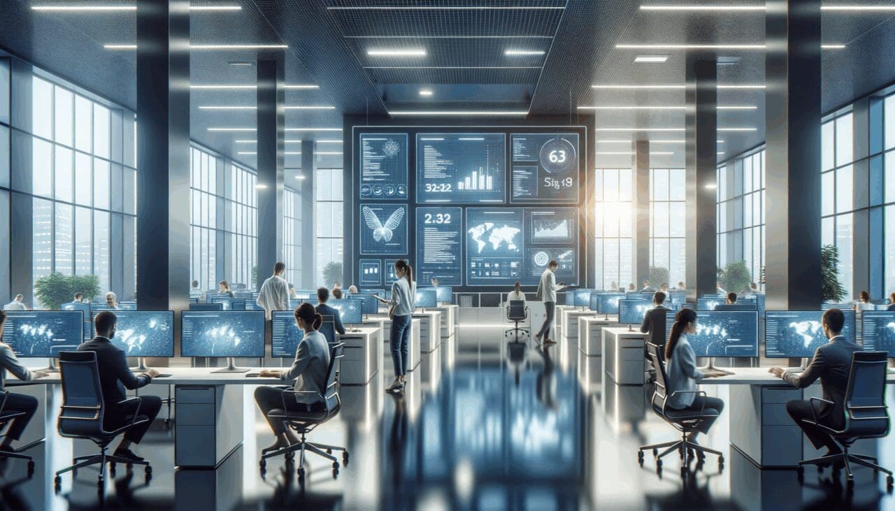 Oficinas modernas con pantallas interactivas y desarrolladores trabajando en un entorno tecnológico