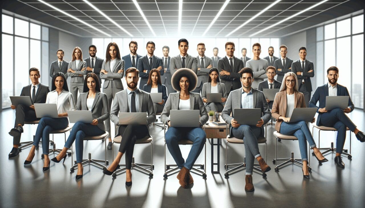 Reunión de emprendedores con laptops en una oficina moderna