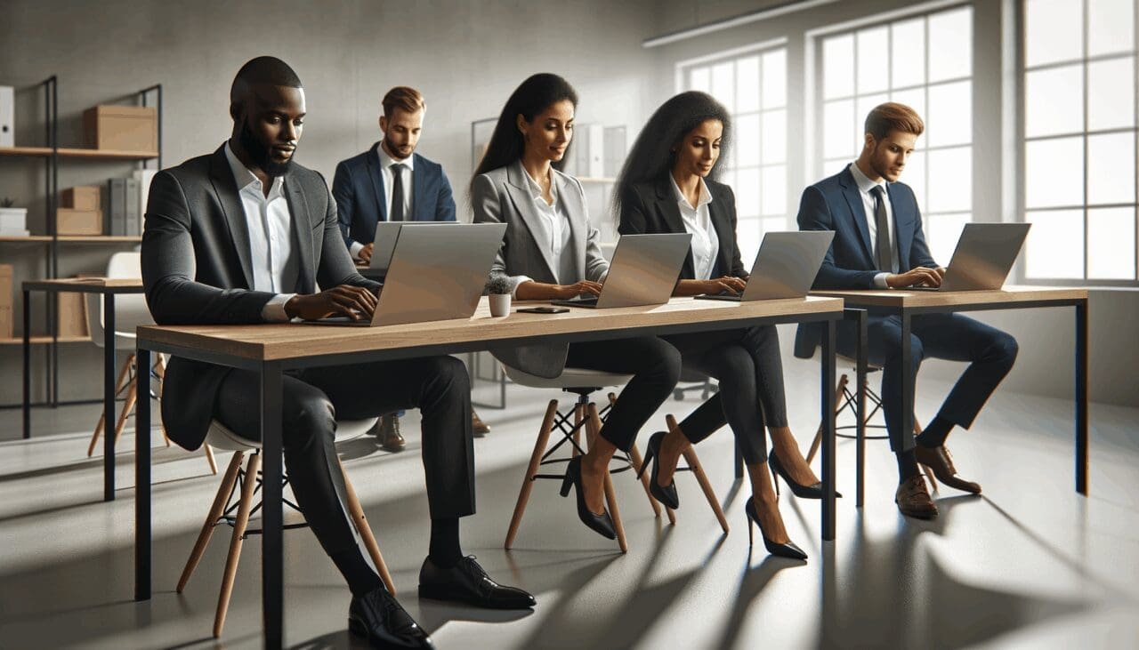 Oficinas modernas con equipo trabajando en laptops en un ambiente tecnológico