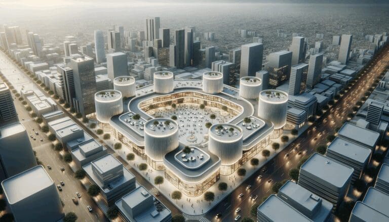 Vista aérea de una ciudad latinoamericana con centros de innovación y espacios de coworking modernos