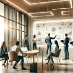 Sala moderna de coworking con emprendedores colaborando alrededor de una pizarra digital