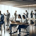 Espacio de coworking moderno con emprendedores colaborando en laptops