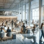 Interior de un centro de innovación con emprendedores trabajando en espacios colaborativos