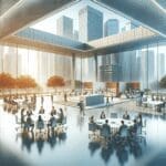 Representación de un moderno centro empresarial en Latinoamérica con entornos colaborativos.