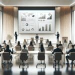 Sala de conferencias moderna con emprendedores presentando sus proyectos en grandes pantallas