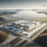 Vista aérea de un centro de innovación rodeado de cerros y mar, con arquitectura moderna