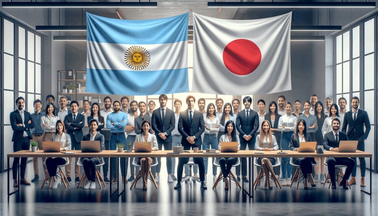 Emprendedores reunidos en un espacio de coworking moderno con banderas de Argentina y Japón