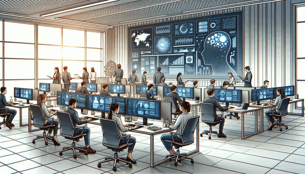 Oficinas modernas de una startup tecnológica con equipos trabajando en pantallas con datos e inteligencia artificial
