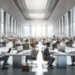 Panorámica de un centro de innovación con emprendedores trabajando en laptops