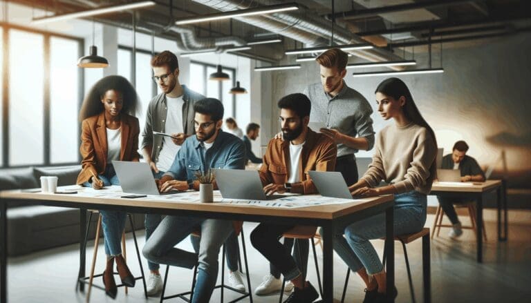 Emprendedores en una sala de coworking colaborando en un proyecto de impacto