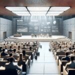 Auditorio moderno en una isla tropical con asistentes observando una presentación tecnológica