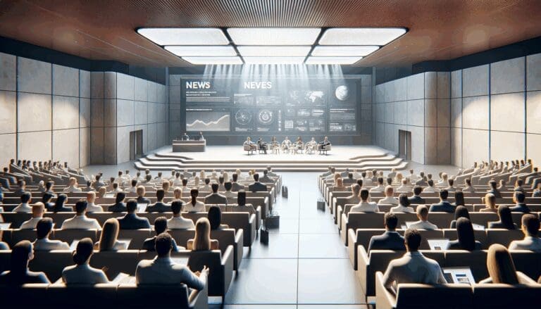 Auditorio moderno en una isla tropical con asistentes observando una presentación tecnológica