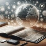 Mapa digital interactivo sobre una mesa con iconos de viaje y algoritmos en segundo plano