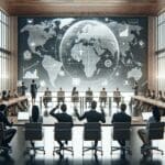 Salón de conferencias moderno con emprendedores y pantallas digitales.