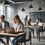Jóvenes trabajando en una sala de coworking moderna con pizarras y laptops