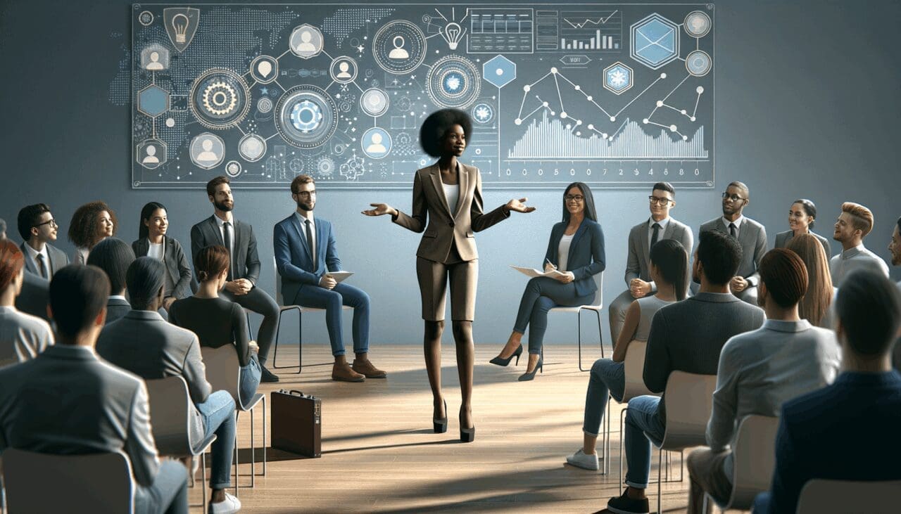 Emprendedor presentando su startup frente a un jurado en un auditorio tecnológico moderno