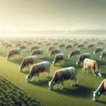 Ganado pastando en un campo con collares tecnológicos bajo un cielo despejado