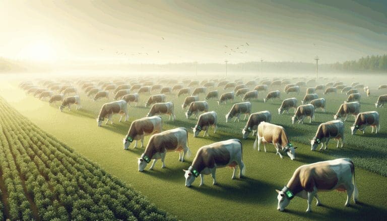 Ganado pastando en un campo con collares tecnológicos bajo un cielo despejado