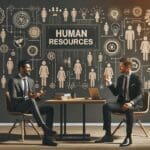 Dos emprendedores discuten ideas frente a una pizarra con gráficos de recursos humanos