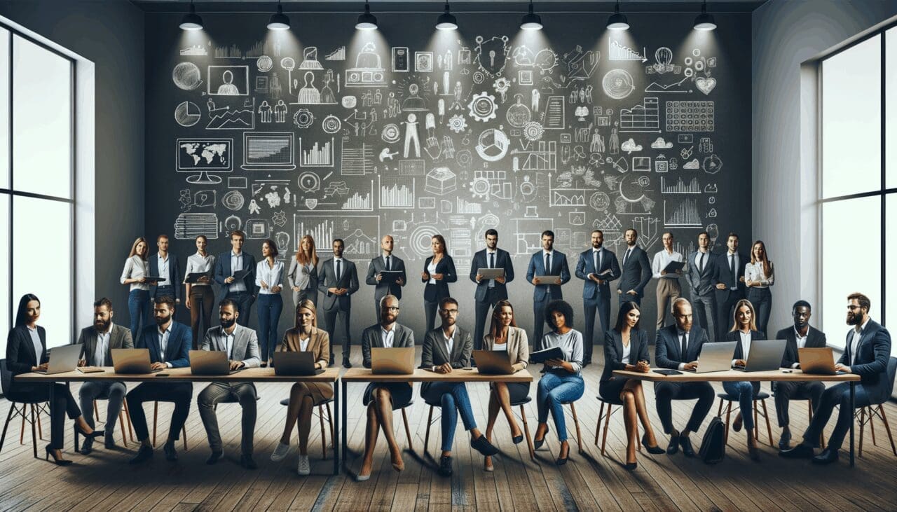 Emprendedores reunidos en una sala moderna con laptops y pizarras digitales