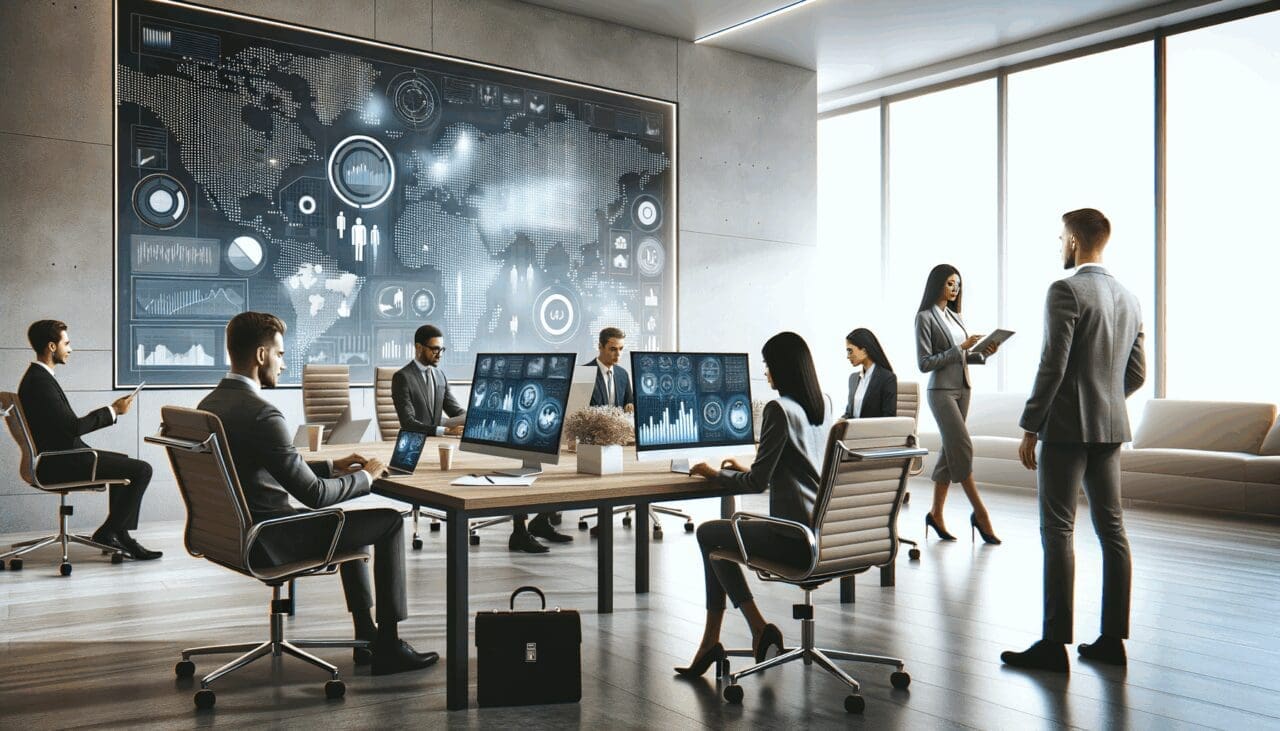 Sala de reuniones moderna con emprendedores trabajando frente a pantallas de datos