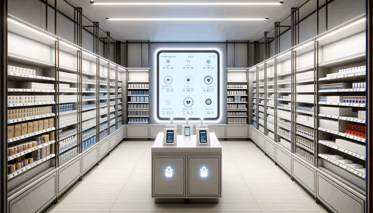 Interior de una tienda moderna equipada con sensores y pantallas digitales sobre estanterías