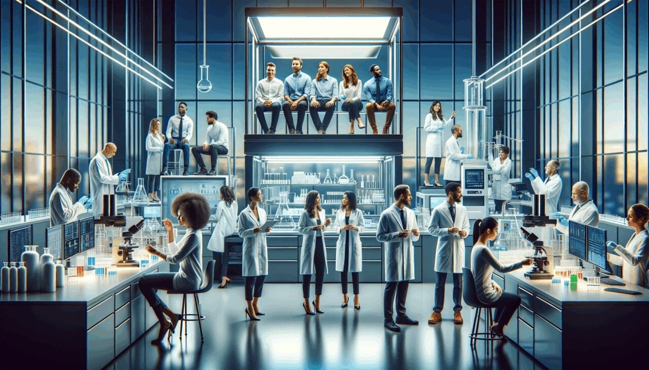 Laboratorio moderno con científicos analizando muestras en un ambiente tecnológico
