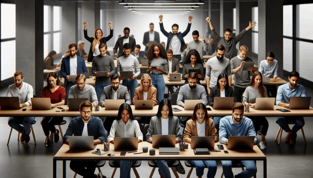 Personas colaborando frente a laptops en un espacio de coworking moderno