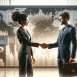 Dos empresarios estrechando manos frente a una pantalla con gráficos y mapa de Asia