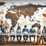 Empresarios jóvenes en reunión frente a un mapa de Asia con gráficos de crecimiento