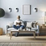 Sala de estar luminosa con sensores discretos instalados en las paredes y una persona mayor leyendo tranquilamente