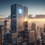 Edificio moderno con el logotipo de Microsoft al atardecer, visto desde abajo