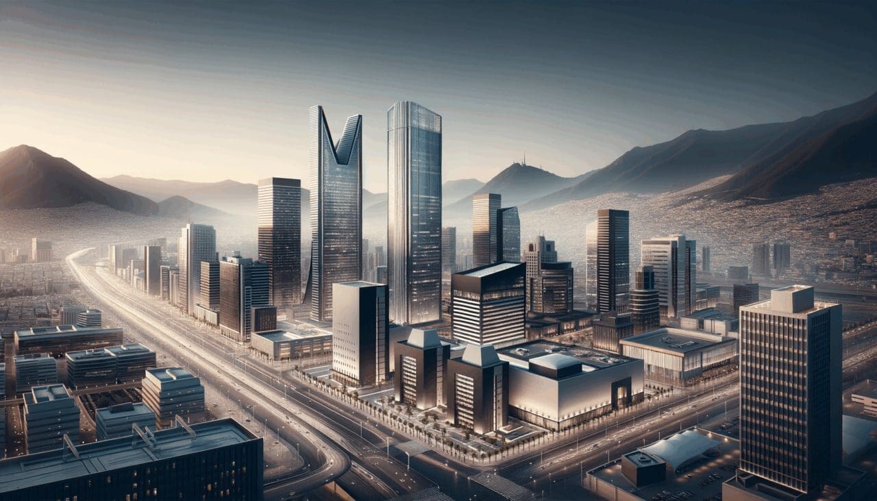 Panorámica de Monterrey con edificios modernos y ambiente empresarial