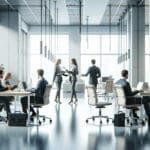 Escena de startup tecnologica con equipo colaborando en oficina moderna