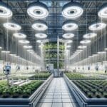 Invernadero automatizado con sensores y plantas en crecimiento bajo luz artificial