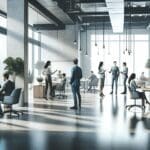 Coworking moderno con emprendedores colaborando en un espacio abierto