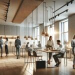 Espacio de coworking moderno con emprendedores colaborando.